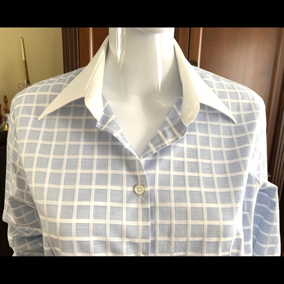 Blue & white check pattern button up cotton dress shirt white collar French cuff - Picture 7 of 16